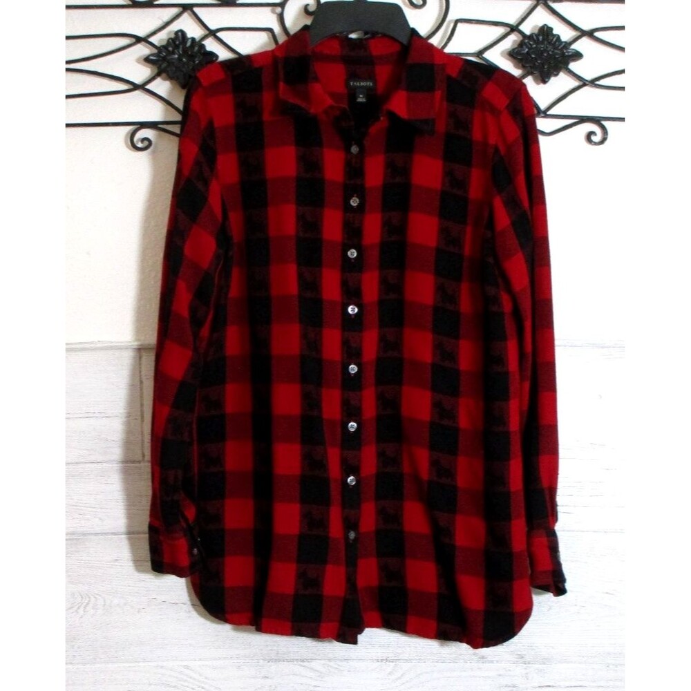 Talbots Women's Flannel Button Up Top Size M Red Plaid Long Sleeve